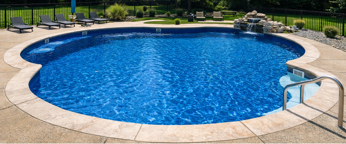 Beautiful custom pool with waterfall on sunny afternoon