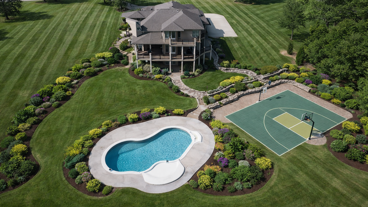 Aerial view of a large house with a pool and basketball court in a well-manicured lawn.