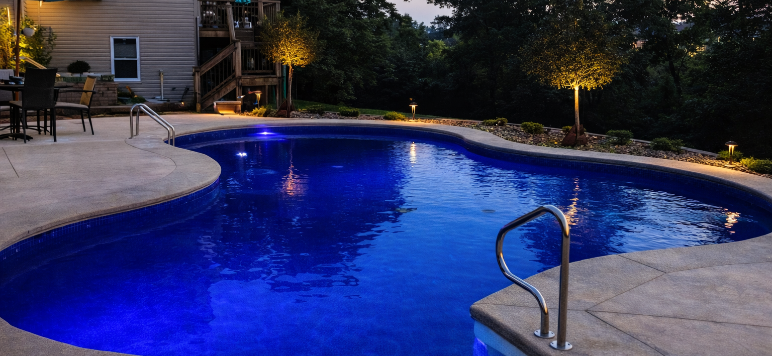 Pool resurfacing project with LED lighting and upgraded concrete deck in Chesterfield Missouri backyard