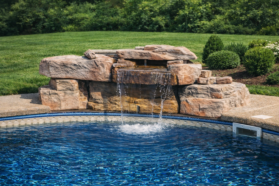 In-ground swimming pool with stone waterfall feature and clear blue water in backyard setting