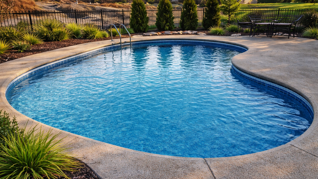 serene backyard pool scene at sunset
