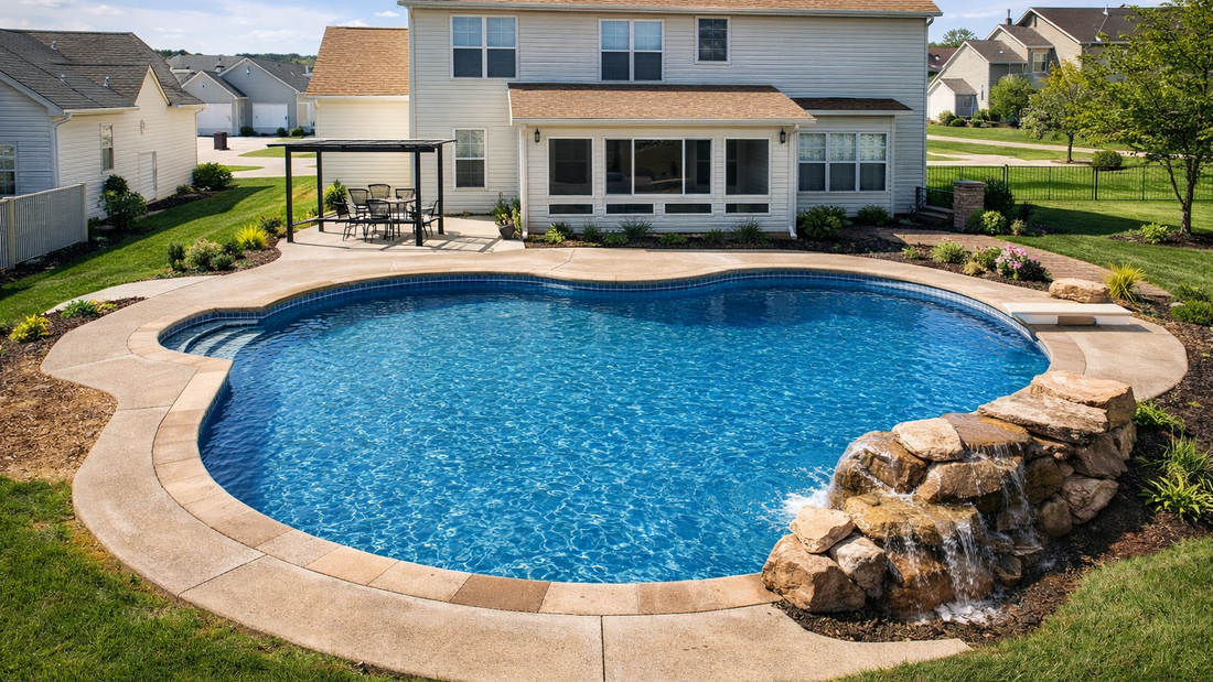 Beautiful backyard oasis with custom in-ground swimming pool and waterfall