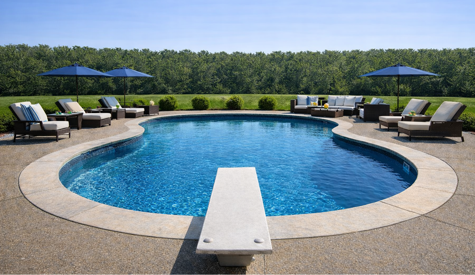Custom in ground pool with lounge chairs, umbrellas, and a bench in a backyard setting.